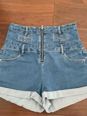 High-Waist Blue Denim Shorts with Front Zip